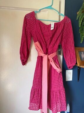 New York & Company Fuchsia Eyelet Midi Dress with Pink Waist Sash